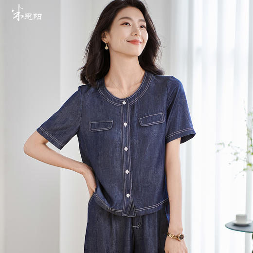 米思阳2025夏季新款休闲宽松牛仔短外套设计感圆领牛仔上衣女2274 商品图0