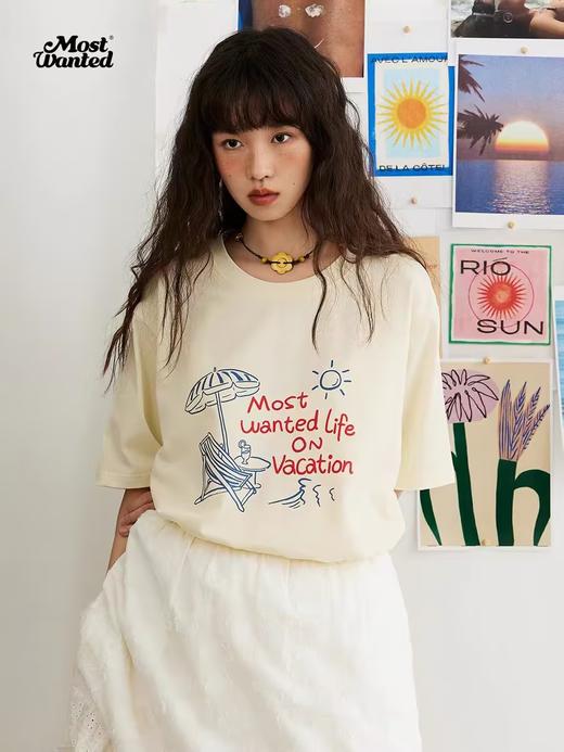 mostwantedlab彩虹/M2412124/夏威夷躺椅标语印花短袖女新款夏季纯棉t恤男 商品图2