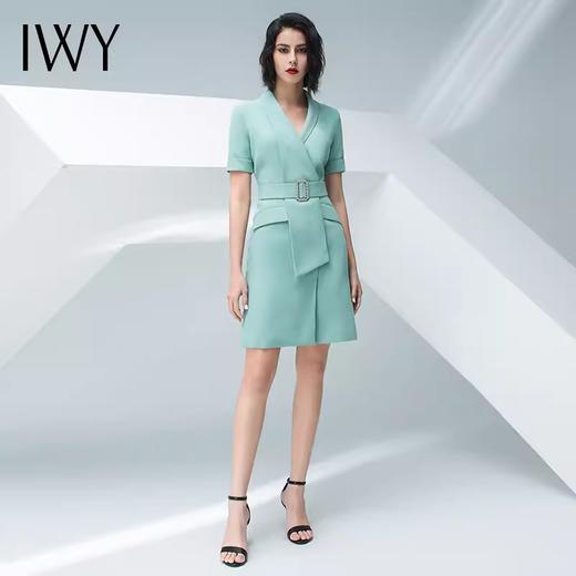 IWY/气质浅绿色短袖连衣裙女时尚职业装修身显瘦绑带连衣裙202013Q1 商品图0