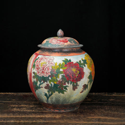 台湾陶艺大家 陈庆 聚宝罐 磨釉牡丹、荷花招财大摆件家用办公室风水罐客厅店铺大容量储存罐 商品图2