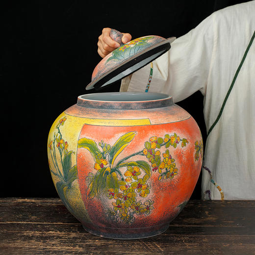 台湾陶艺大家 陈庆 聚宝罐 磨釉蝴蝶兰招财大摆件家用办公室风水罐客厅店铺大容量储存罐 商品图1