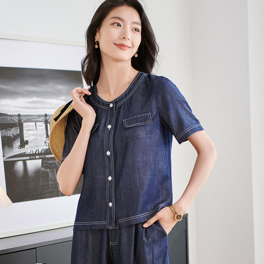 米思阳2025夏季新款休闲宽松牛仔短外套设计感圆领牛仔上衣女2274 商品图2