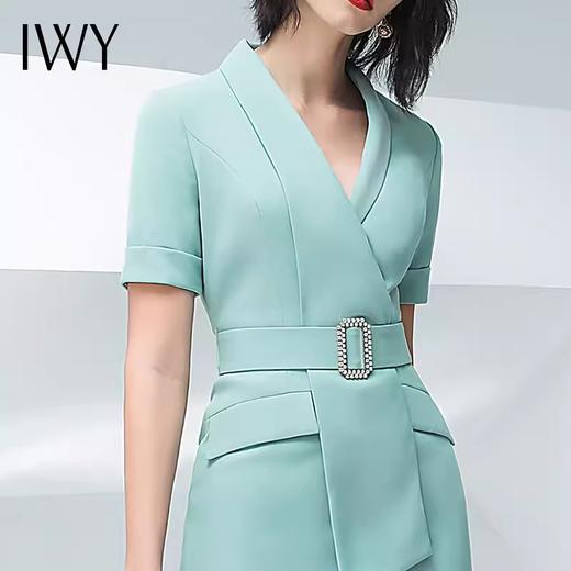 IWY/气质浅绿色短袖连衣裙女时尚职业装修身显瘦绑带连衣裙202013Q1 商品图4