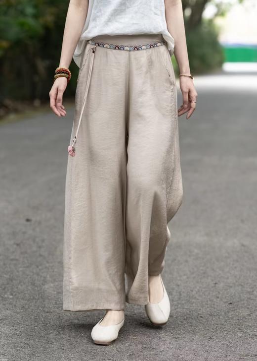 雀说 夏新款复古文艺纯色裤系带贴布口袋宽松显瘦长裤直筒裤女4ZF-23091 商品图0