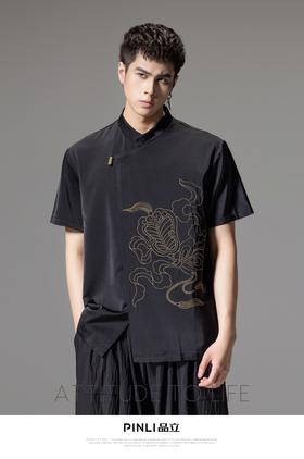 PINLI品立夏季新款新中式刺绣立领衬衫男士国潮斜襟短袖衬衣B242113130