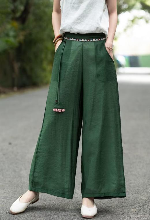 雀说 夏新款复古文艺纯色裤系带贴布口袋宽松显瘦长裤直筒裤女4ZF-23091 商品图6