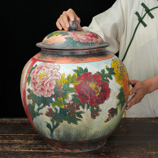 台湾陶艺大家 陈庆 聚宝罐 磨釉牡丹、荷花招财大摆件家用办公室风水罐客厅店铺大容量储存罐 商品图5