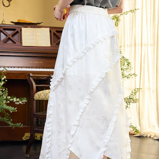 两三事珊瑚海2024夏季新款甜美荷叶边拼接开叉高腰半身裙 商品图3