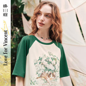 两三事梵高文艺花季萌生2024夏季新款小清新印花撞色短袖t恤女