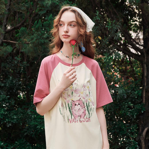 两三事梵高文艺花季萌生2024夏季新款小清新印花撞色短袖t恤女 商品图1