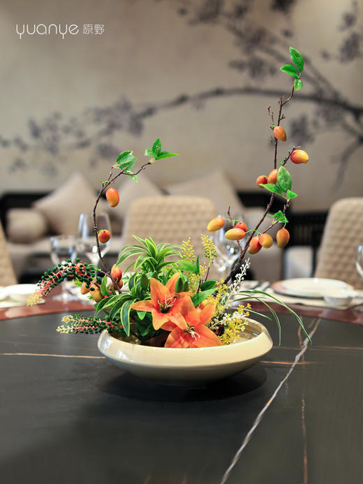 酒店大圆桌转盘中间摆设件餐桌花茶室客厅摆花装饰仿真花创意中心 商品图0