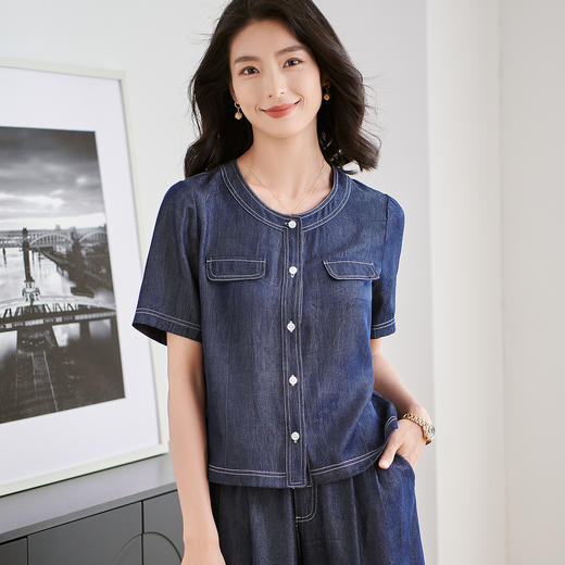 米思阳2025夏季新款休闲宽松牛仔短外套设计感圆领牛仔上衣女2274 商品图1