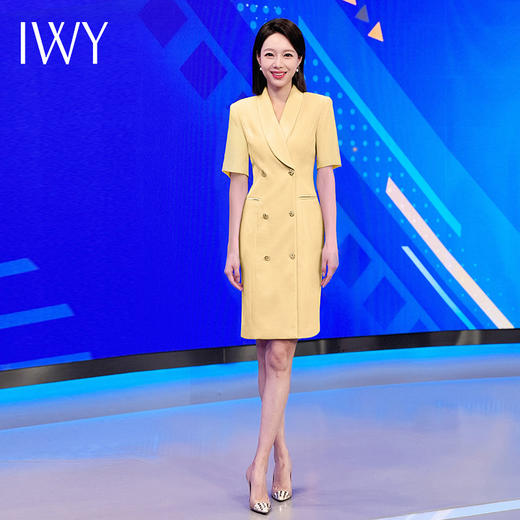 IWY/高级黄色连衣裙短袖夏气质主持人教师录课演讲比赛正装裙气质Q14268 商品图3