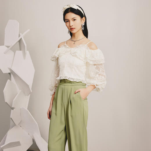 百搭通勤风阔腿裤西装裤碧湖绿宽腰直筒长裤MC88PA043G30 商品图4