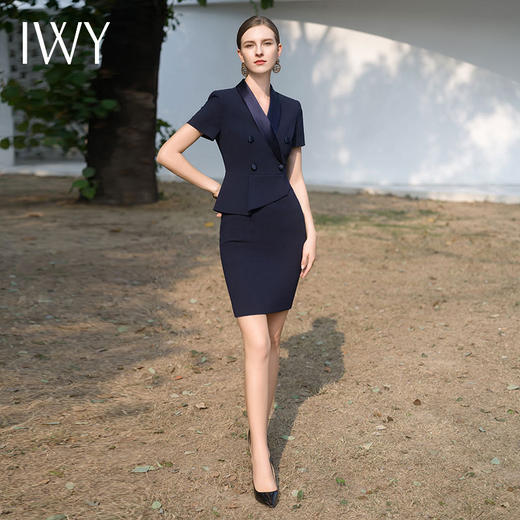 IWY/高端售楼部工服女行政前台接待商务假两件醋酸黑色连衣裙短袖Q1121 商品图4