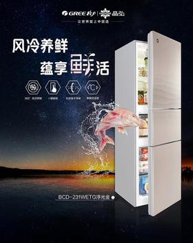 格力（100818）（GREE）晶弘 231升三门冰箱 风冷无霜养鲜 离子长效净味 宽幅变温室 5大制冷模式 BCD-231WETG/浮光金