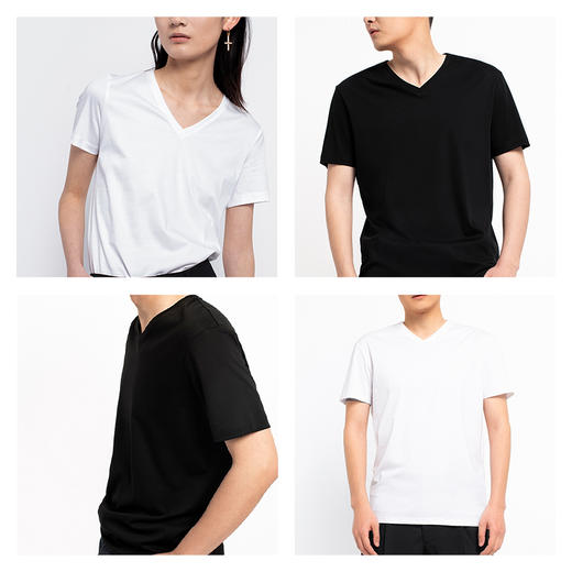 【特价清仓】男女款新疆丝光长绒棉80支V领黑白T恤 商品图0