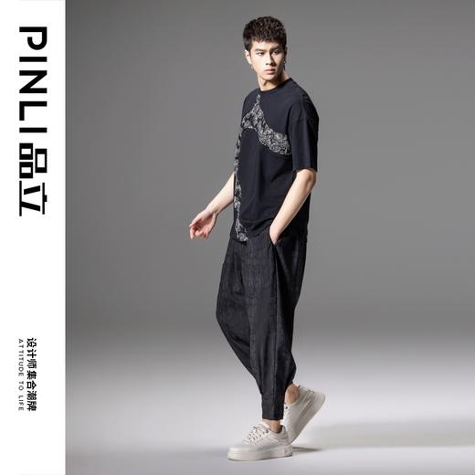 PINLI品立2024夏季新款国潮拼接短袖T恤男士玫瑰花刺绣休闲体恤衫B242111105 商品图1