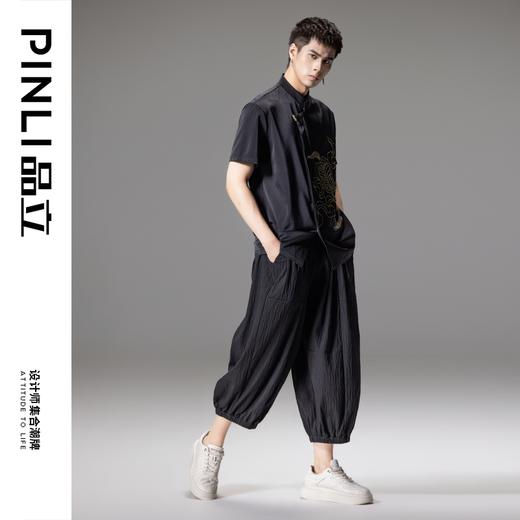 PINLI品立夏季新款新中式刺绣立领衬衫男士国潮斜襟短袖衬衣B242113130 商品图1