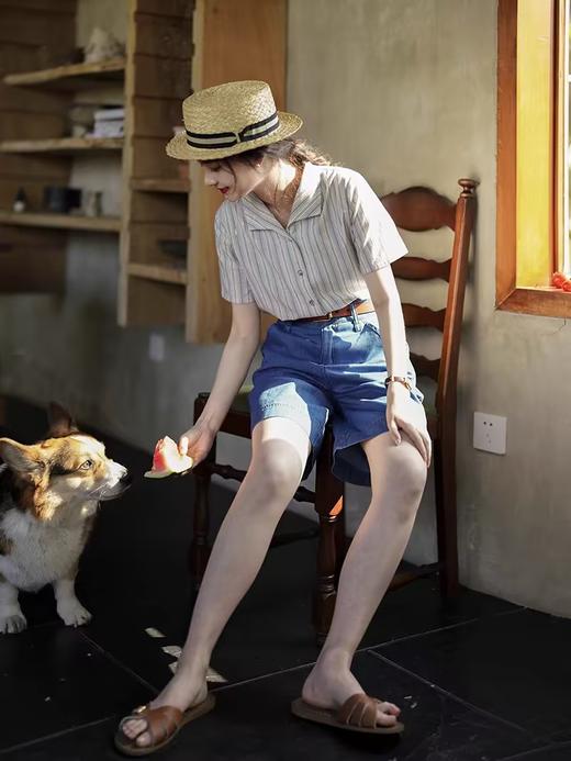 浮生八记/22B052/22B041/天丝棉麻拼接条纹刺绣短袖衬衫 商品图0