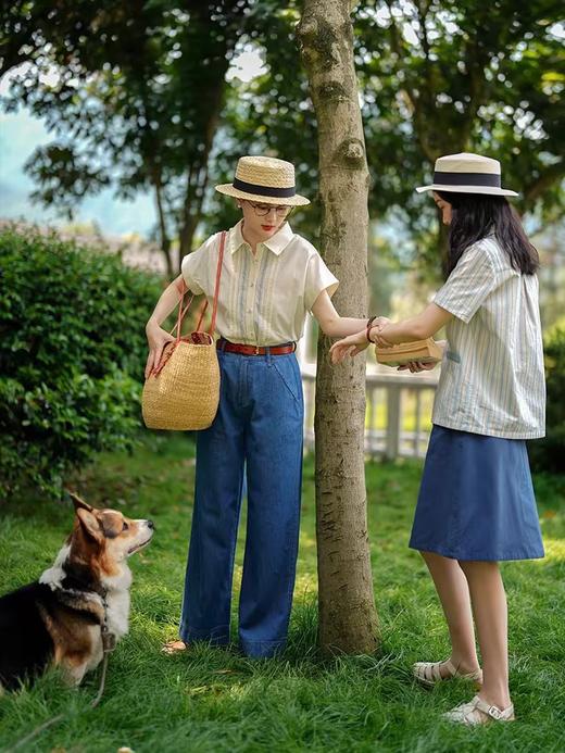 浮生八记/22B052/22B041/天丝棉麻拼接条纹刺绣短袖衬衫 商品图1