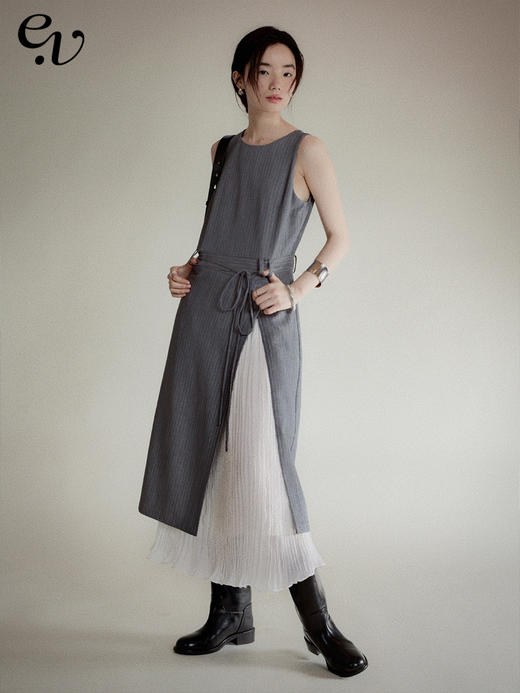 【现货】Even Vintage| 摩登都市 气质时尚圆领经典条纹西装无袖连衣裙 商品图0