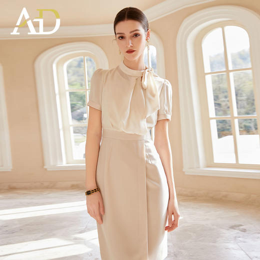 AD小众设计感连衣裙女空姐范系带衬衫工作服新款假两件接拼连身裙 商品图3