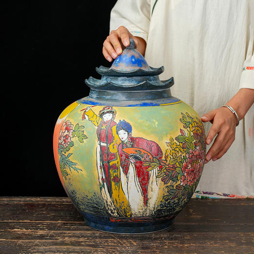 台湾陶艺大家 陈庆聚宝罐 翘脊牡丹亭招财罐大摆件家用办公室风水罐客厅店铺大容量储存罐 商品图1