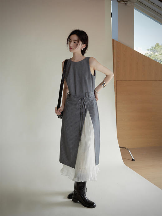 【现货】Even Vintage| 摩登都市 气质时尚圆领经典条纹西装无袖连衣裙 商品图1