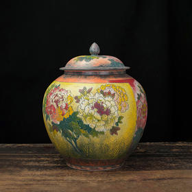 台湾陶艺大家 陈庆 聚宝罐 磨釉牡丹、荷花招财大摆件家用办公室风水罐客厅店铺大容量储存罐