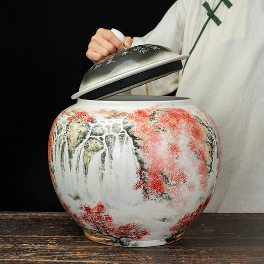 台湾陶艺大家 陈庆 聚宝罐 山水枫林招财罐大摆件家用办公室风水罐客厅店铺大容量储存罐 商品图6