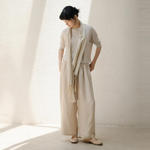 绽放282朵[限量]/燕麦色丝落棉螺纹收口2024夏新款棉麻休闲T恤 商品图2