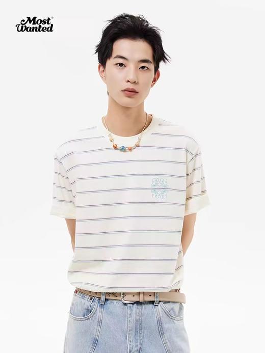 mostwantedlab彩虹/M2412122/小花四方包针绣条纹t恤女新款夏季纯棉短袖男 商品图0