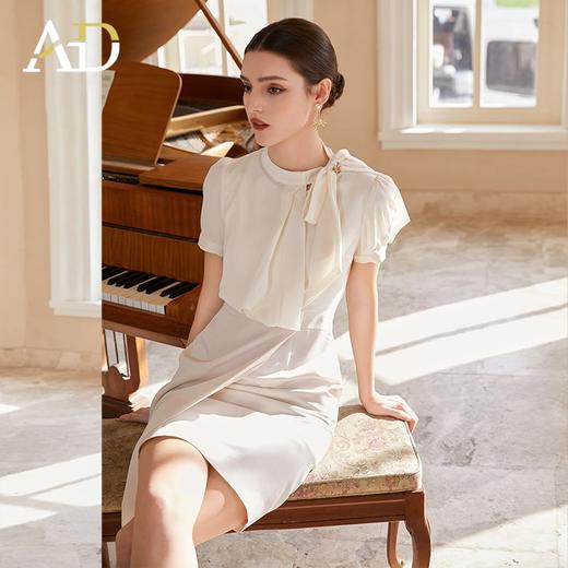 AD小众设计感连衣裙女空姐范系带衬衫工作服新款假两件接拼连身裙 商品图1