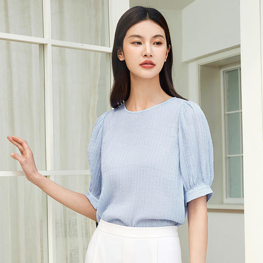 玳莎桑蚕丝五分袖衬衫女2024新款夏季优雅圆领柔叠绉真丝小衫上衣  EB31107 商品图1