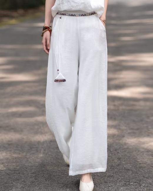 雀说 夏新款复古文艺纯色裤系带贴布口袋宽松显瘦长裤直筒裤女4ZF-23091 商品图1