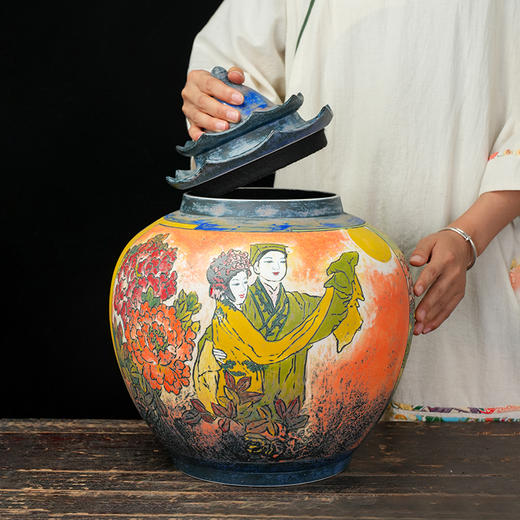 台湾陶艺大家 陈庆聚宝罐 翘脊牡丹亭招财罐大摆件家用办公室风水罐客厅店铺大容量储存罐 商品图4