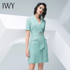 IWY/气质浅绿色短袖连衣裙女时尚职业装修身显瘦绑带连衣裙202013Q1 商品缩略图1