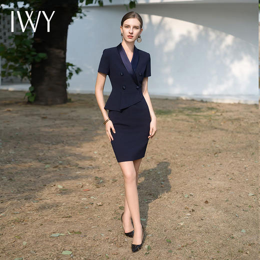 IWY/高端售楼部工服女行政前台接待商务假两件醋酸黑色连衣裙短袖Q1121 商品图1