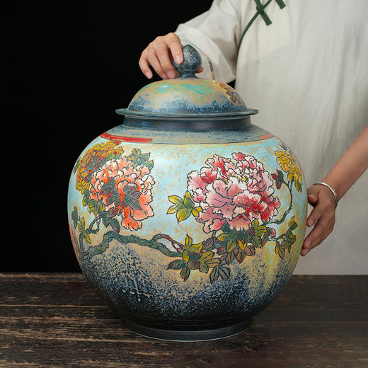 台湾陶艺大家 陈庆 聚宝罐 磨釉牡丹、荷花招财大摆件家用办公室风水罐客厅店铺大容量储存罐 商品图10