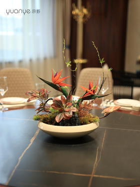 酒店高端餐桌花摆花圆桌转盘中间仿真花摆件餐厅包厢茶室装饰