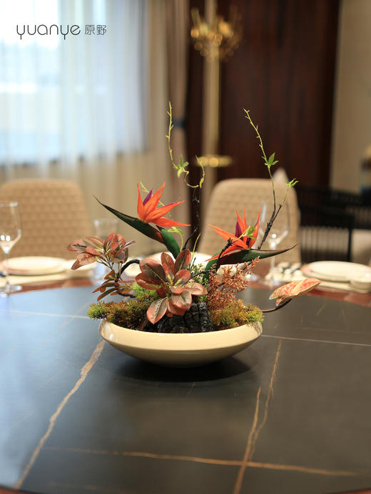 酒店高端餐桌花摆花圆桌转盘中间仿真花摆件餐厅包厢茶室装饰 商品图0