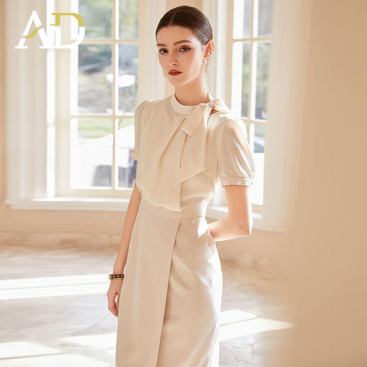 AD小众设计感连衣裙女空姐范系带衬衫工作服新款假两件接拼连身裙 商品图2