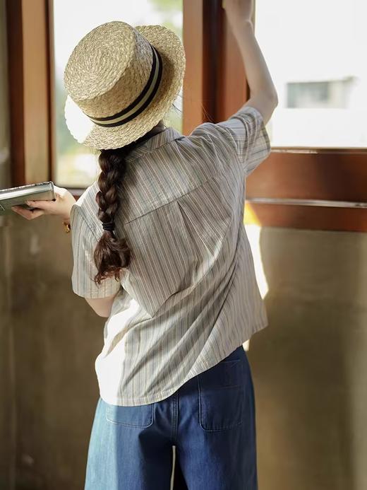 浮生八记/22B052/22B041/天丝棉麻拼接条纹刺绣短袖衬衫 商品图3