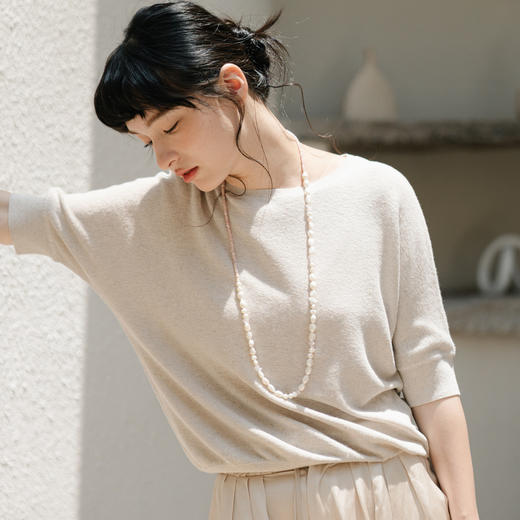 绽放282朵[限量]/燕麦色丝落棉螺纹收口2024夏新款棉麻休闲T恤 商品图3