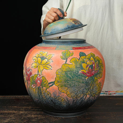 台湾陶艺大家 陈庆 聚宝罐 磨釉牡丹、荷花招财大摆件家用办公室风水罐客厅店铺大容量储存罐 商品图13