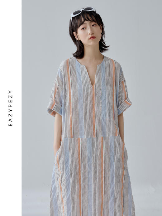 2024SS 进口皱皱棉条纹半袖连衣裙 商品图2