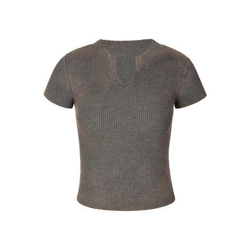 NUTH百搭修身V领显瘦正肩洗水做旧针织短袖T恤女 商品图6