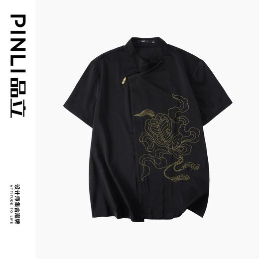 PINLI品立夏季新款新中式刺绣立领衬衫男士国潮斜襟短袖衬衣B242113130 商品图3