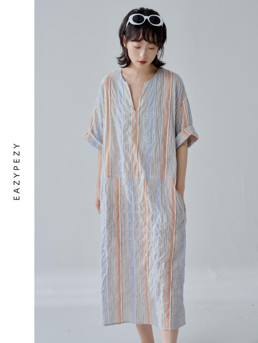 2024SS 进口皱皱棉条纹半袖连衣裙 商品图1